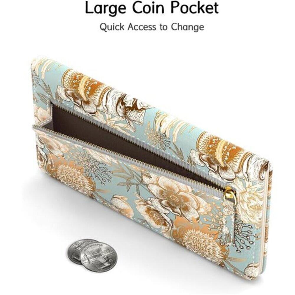 Women's Wallet, RFID Slim Wallets for women's Blue and Gold Flowers Desing - Picture 4 of 7